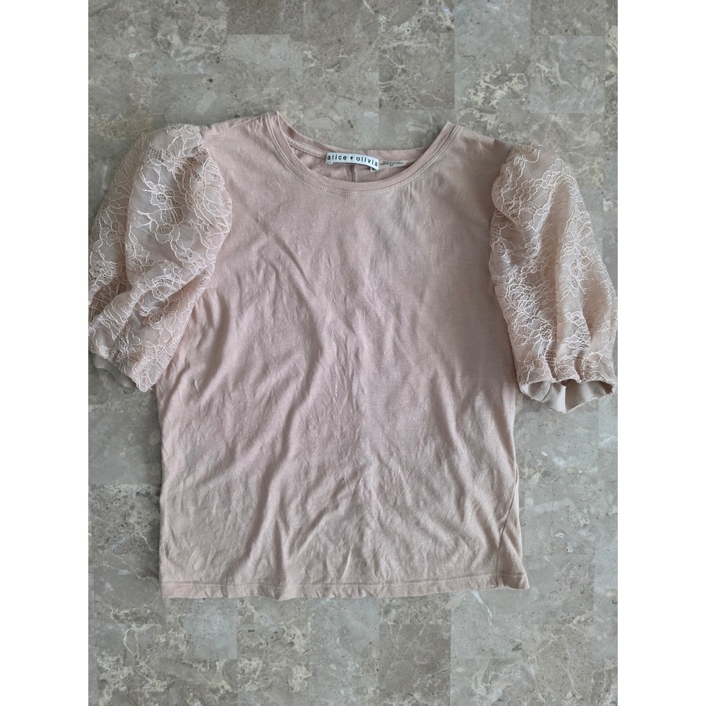 Alice + Olivia Pink Silk Lace Puff Sleeve Top Crew Neck Womens Small - Picture 3 of 15